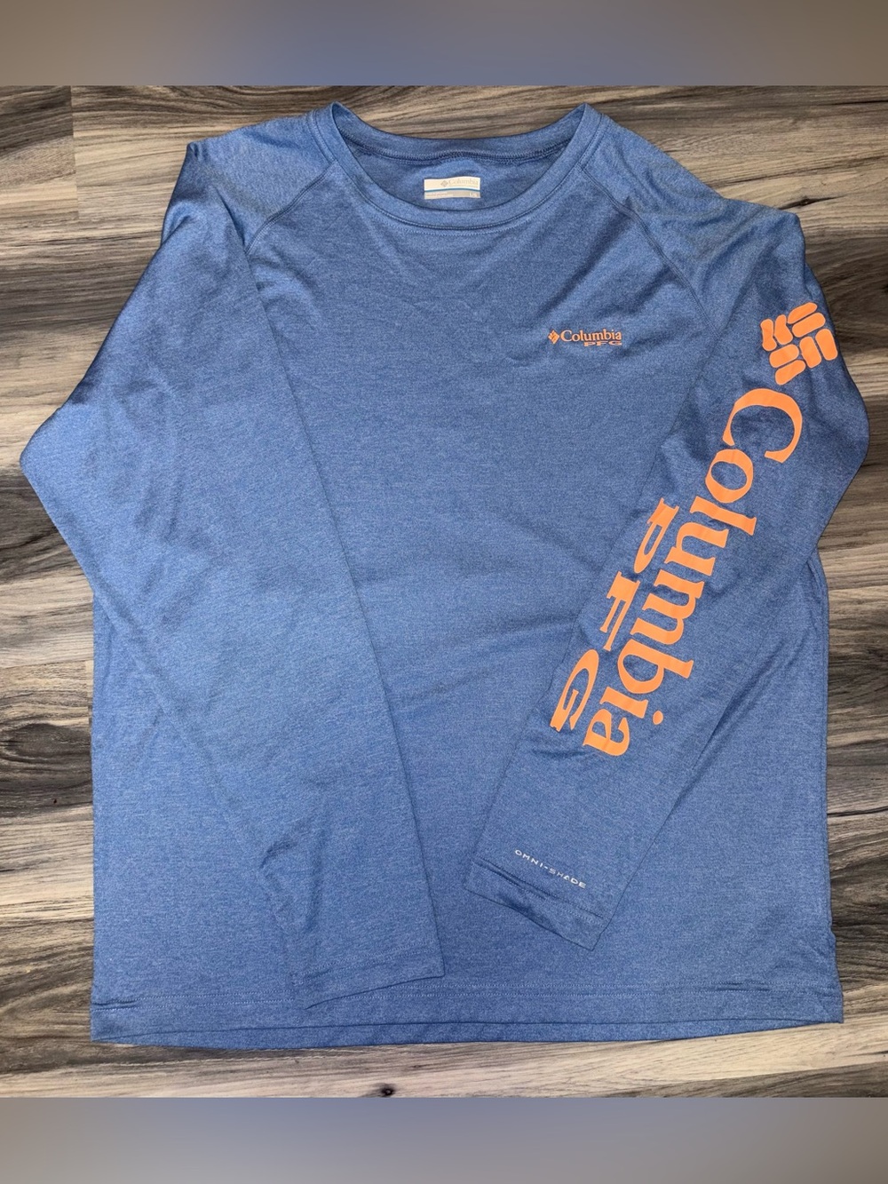 Columbia Blue Long Sleeve Performance Tee with Orange/coral Logo